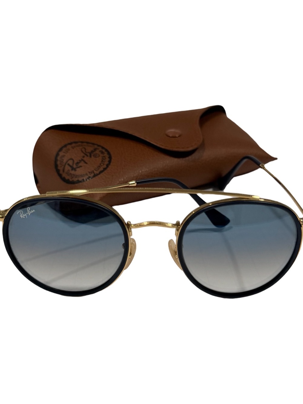 Ray-Ban Women's Round Sunglasses in Black and Gold with Blue Gradient Lenses